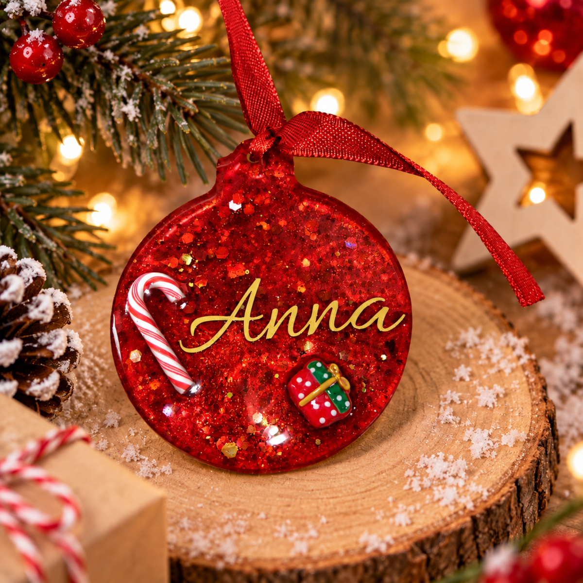 🎄 Borla navideña personalizada de resina con nombre