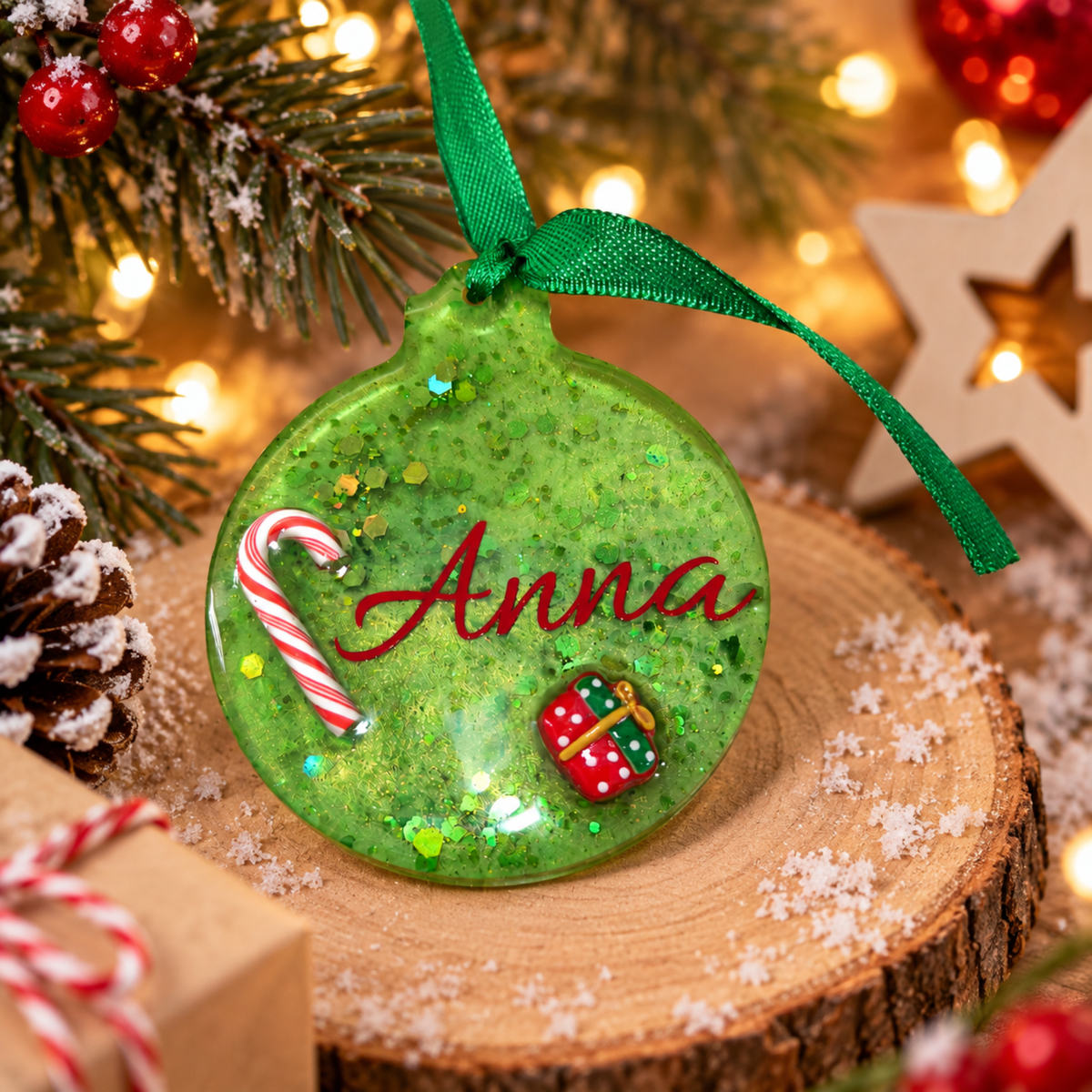 🎄 Borla navideña personalizada de resina con nombre